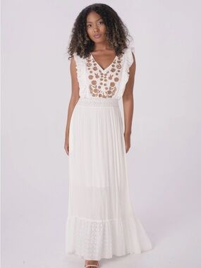 Anthropologie Esperanza Ivory Embroidered V-Neck Maxi Dress with Flutter Detail